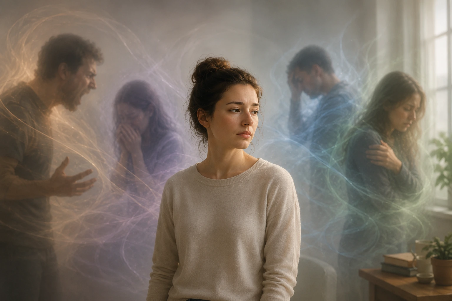 Une femme songeuse avec des énergies coincées dans ses corps énergétiques