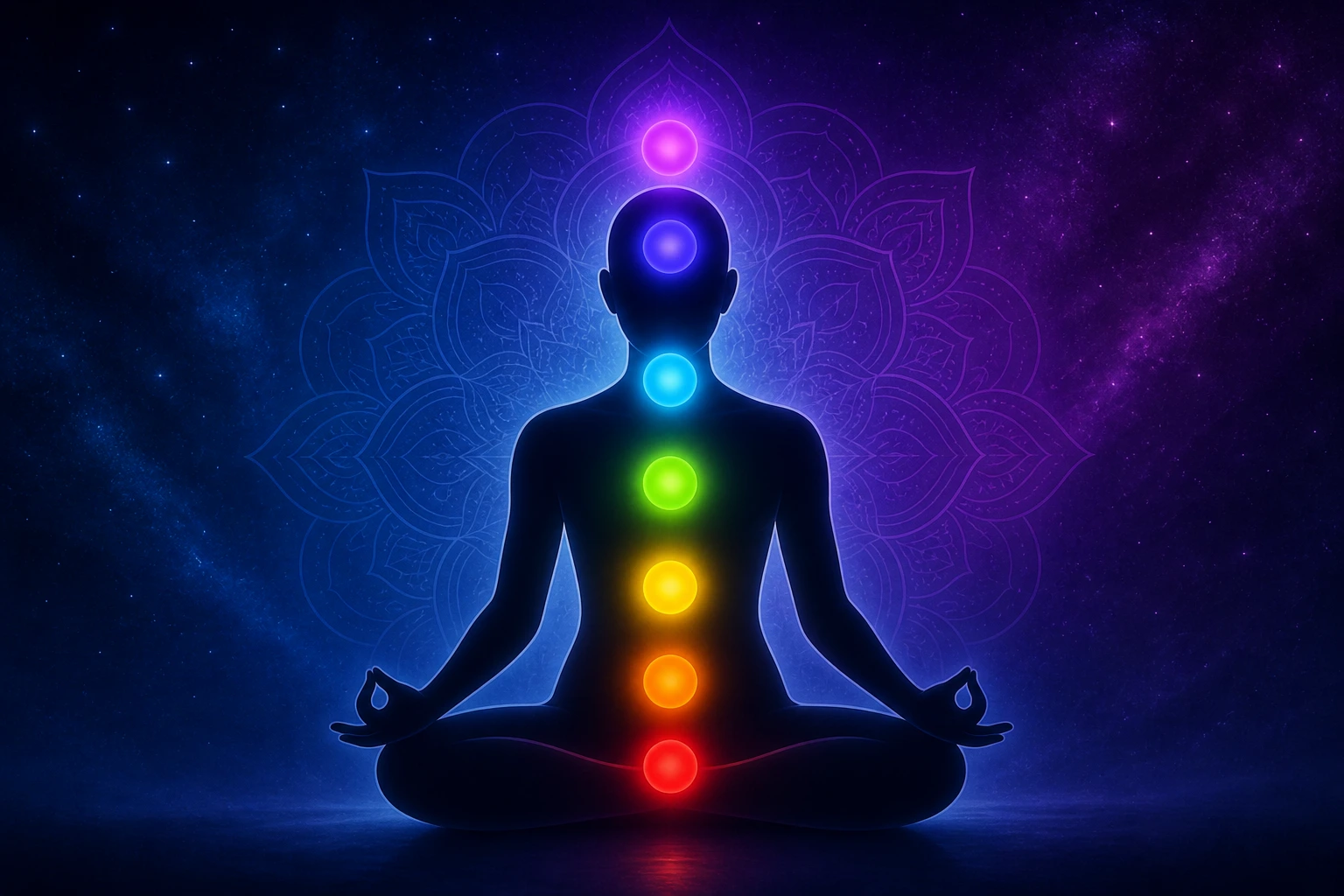 Silhouette d'une personne méditant ayant les 7 chakras alligné dans son corps