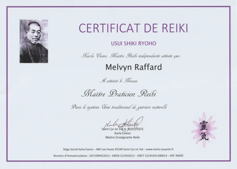 Certificat du troisième degré de Reiki Usui attestant que Melvyn Raffard est maître praticien Reiki