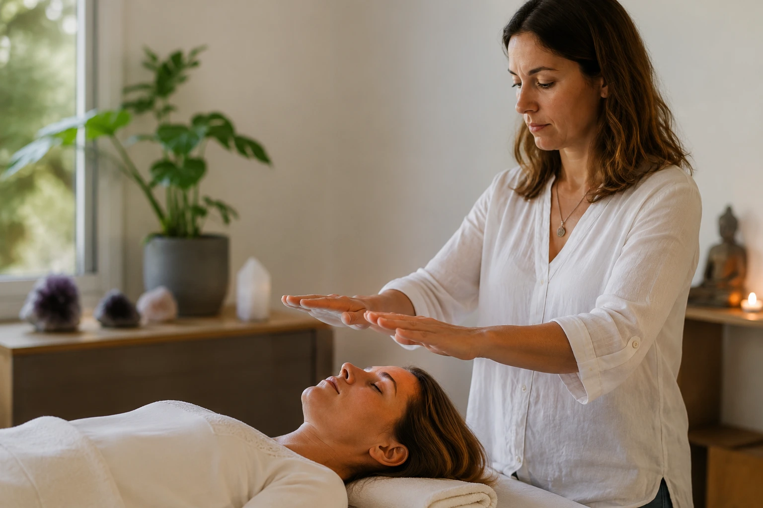 Praticienne Reiki qui pratique un soin pour une cliente.