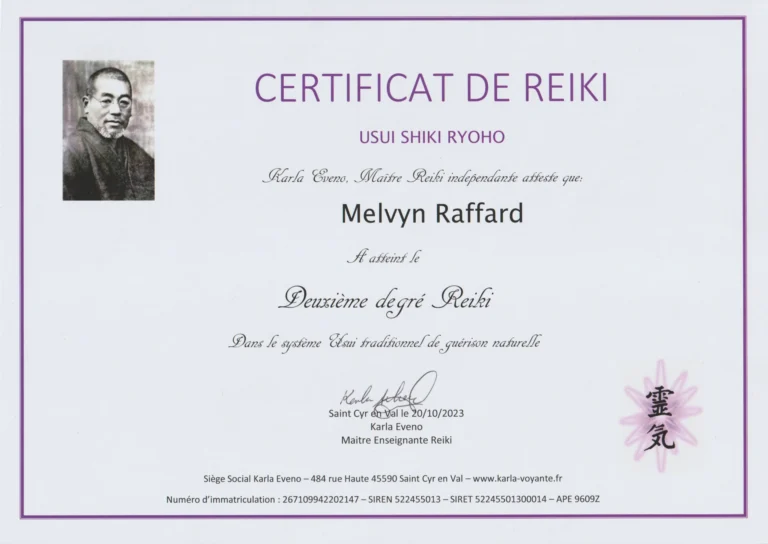Certificat du deuxième degré de Reiki Usui attestant que Melvyn Raffard a obtenu l'examen