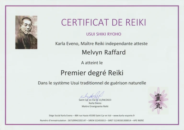 Certificat du premier degré de Reiki Usui attestant que Melvyn Raffard a obtenu l'examen